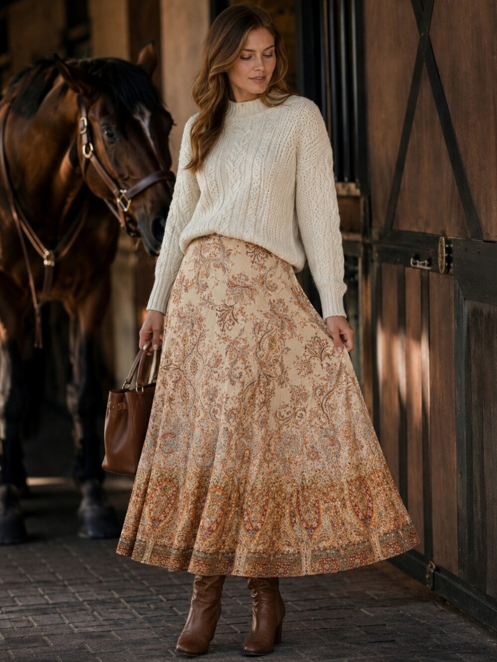 Coldwater Creek Cream Paisley A-Line Skirt - Women's Boho Print Size Medium